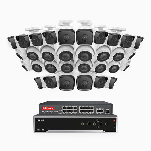 H500 - 5MP 32 Channel PoE Security CCTV System with 16 Bullet & 16 Turret Cameras, EXIR 2.0 Night Vision, Built-in Mic & SD Card Slot, Works with Alexa, 16-Port PoE Switch Included, IP67