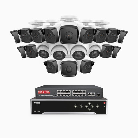 H500 - 5MP 32 Channel PoE Security CCTV System with 16 Bullet & 4 Turret Cameras, EXIR 2.0 Night Vision, Built-in Mic & SD Card Slot, Works with Alexa, 16-Port PoE Switch Included, IP67
