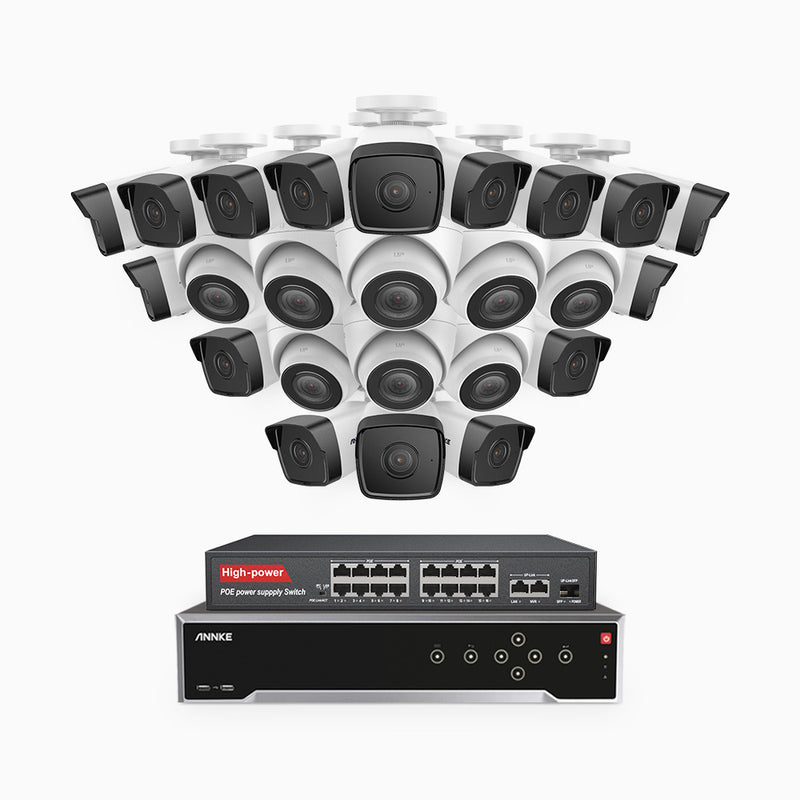 H500 - 5MP 32 Channel PoE Security CCTV System with 16 Bullet & 8 Turret Cameras, EXIR 2.0 Night Vision, Built-in Mic & SD Card Slot, Works with Alexa, 16-Port PoE Switch Included, IP67