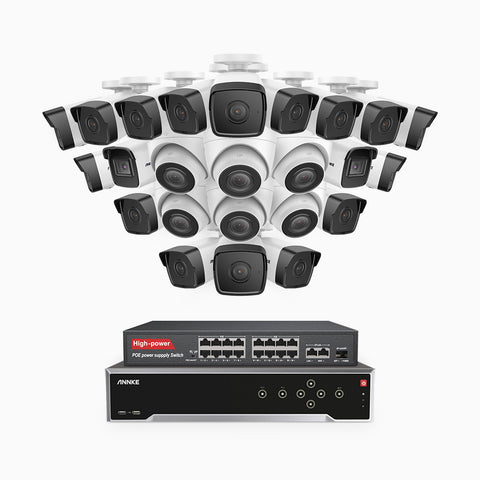 H500 - 5MP 32 Channel PoE Security CCTV System with 18 Bullet & 6 Turret Cameras, EXIR 2.0 Night Vision, Built-in Mic & SD Card Slot, Works with Alexa, 16-Port PoE Switch Included, IP67