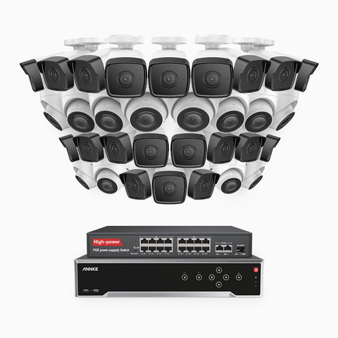 H500 - 5MP 32 Channel PoE Security CCTV System with 20 Bullet & 12 Turret Cameras, EXIR 2.0 Night Vision, Built-in Mic & SD Card Slot, Works with Alexa, 16-Port PoE Switch Included, IP67
