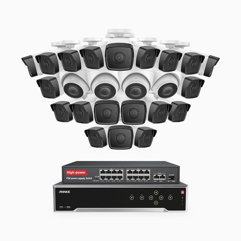 H500 - 5MP 32 Channel PoE Security CCTV System with 20 Bullet & 4 Turret Cameras, EXIR 2.0 Night Vision, Built-in Mic & SD Card Slot, Works with Alexa, 16-Port PoE Switch Included, IP67