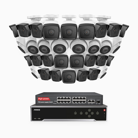 H500 - 5MP 32 Channel PoE Security CCTV System with 22 Bullet & 10 Turret Cameras, EXIR 2.0 Night Vision, Built-in Mic & SD Card Slot, Works with Alexa, 16-Port PoE Switch Included, IP67