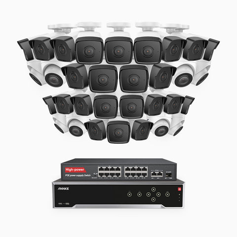 H500 - 5MP 32 Channel PoE Security CCTV System with 24 Bullet & 8 Turret Cameras, EXIR 2.0 Night Vision, Built-in Mic & SD Card Slot, Works with Alexa, 16-Port PoE Switch Included, IP67