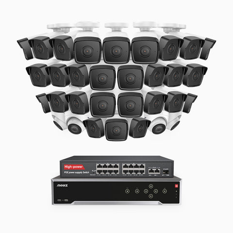 H500 - 5MP 32 Channel PoE Security CCTV System with 28 Bullet & 4 Turret Cameras, EXIR 2.0 Night Vision, Built-in Mic & SD Card Slot, Works with Alexa, 16-Port PoE Switch Included, IP67