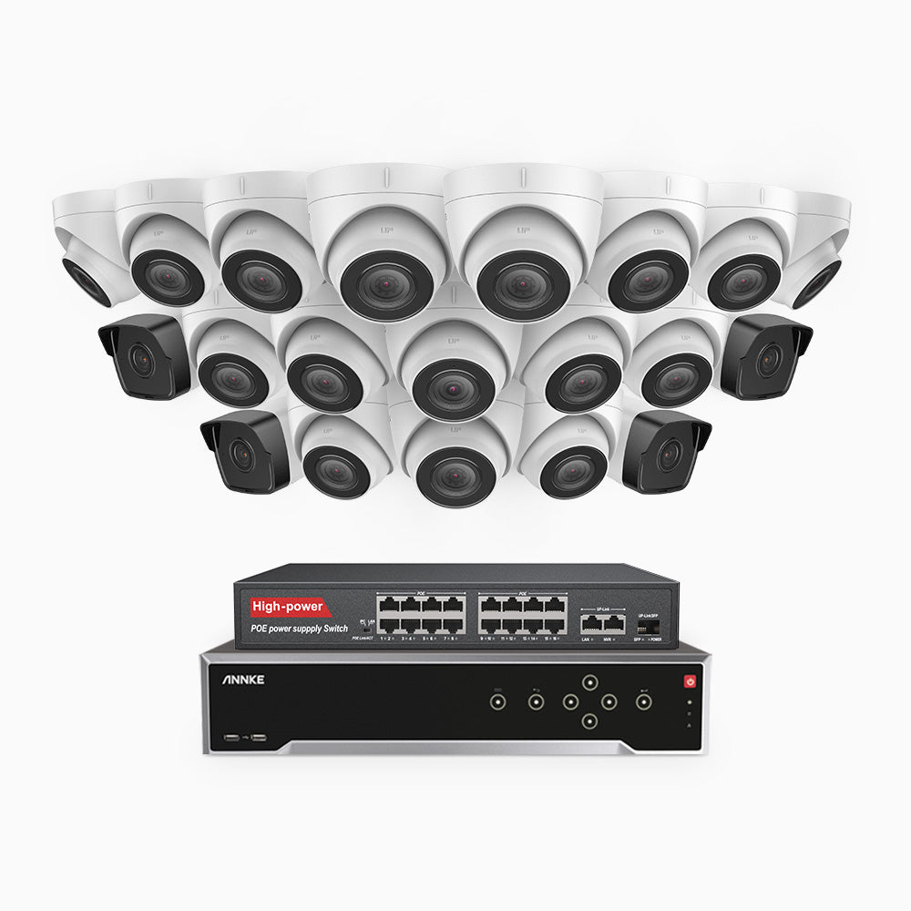 H500 - 5MP 32 Channel PoE Security CCTV System with 4 Bullet & 16 Turret Cameras, EXIR 2.0 Night Vision, Built-in Mic & SD Card Slot, Works with Alexa, 16-Port PoE Switch Included, IP67