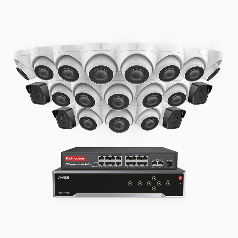 H500 - 5MP 32 Channel PoE Security CCTV System with 4 Bullet & 16 Turret Cameras, EXIR 2.0 Night Vision, Built-in Mic & SD Card Slot, Works with Alexa, 16-Port PoE Switch Included, IP67