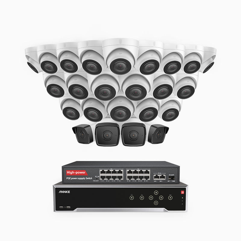 H500 - 5MP 32 Channel PoE Security CCTV System with 4 Bullet & 20 Turret Cameras, EXIR 2.0 Night Vision, Built-in Mic & SD Card Slot, Works with Alexa, 16-Port PoE Switch Included, IP67