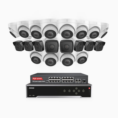 H500 - 5MP 32 Channel PoE Security CCTV System with 8 Bullet & 12 Turret Cameras, EXIR 2.0 Night Vision, Built-in Mic & SD Card Slot, Works with Alexa, 16-Port PoE Switch Included, IP67