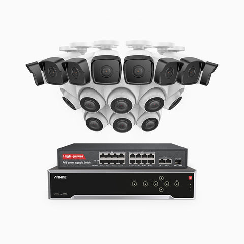 H500 - 5MP 32 Channel PoE Security CCTV System with 8 Bullet & 8 Turret Cameras, EXIR 2.0 Night Vision, Built-in Mic & SD Card Slot, Works with Alexa, 16-Port PoE Switch Included, IP67