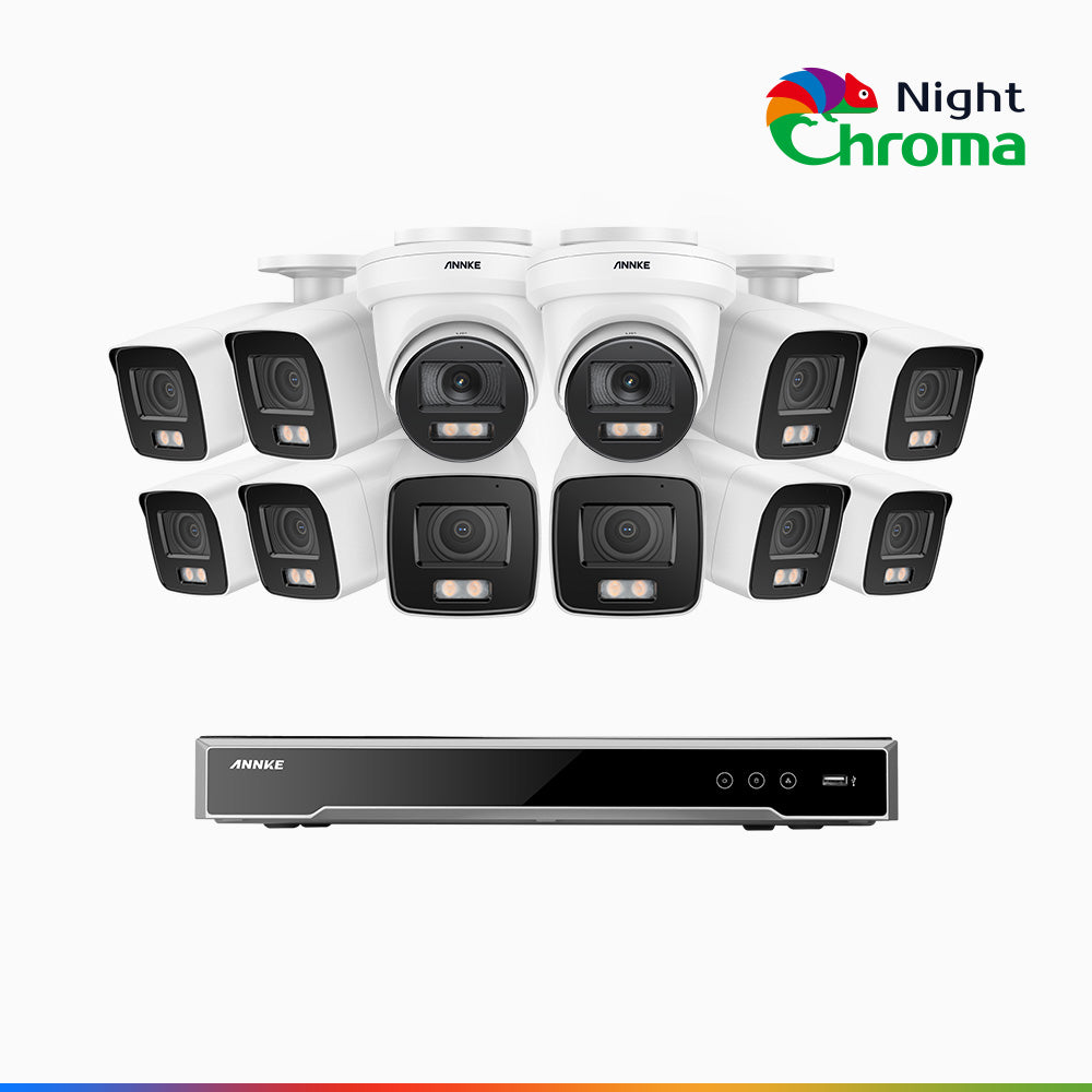 NightChroma<sup>TM</sup> NCK800 – 4K 16 Channel PoE Security System with 10 Bullet & 2 Turret Cameras, f/1.0 Super Aperture, Colour Night Vision, 2CH 4K Decoding Capability, Human & Vehicle Detection, Intelligent Behavior Analysis, Built-in Mic, 124° FoV