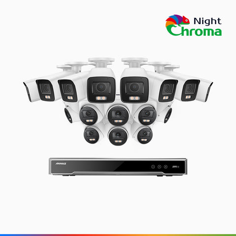 NightChroma<sup>TM</sup> NCK800 – 4K 16 Channel PoE Security System with 8 Bullet & 8 Turret Cameras, f/1.0 Super Aperture, Colour Night Vision, 2CH 4K Decoding Capability, Human & Vehicle Detection, Intelligent Behavior Analysis, Built-in Mic, 124° FoV