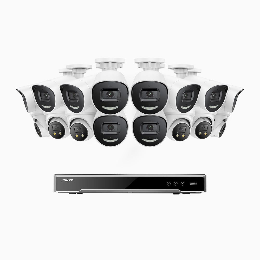 AH800 - 4K 16 Channel PoE Security System with 10 Bullet & 6 Turret Cameras, 1/1.8'' BSI Sensor, f/1.6 Aperture (0.003 Lux), Siren & Strobe Alarm, 2CH 4K Decoding Capability, Human & Vehicle Detection, Perimeter Protection