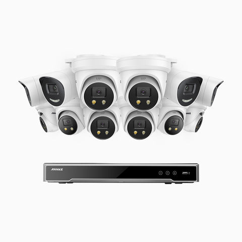 AH800 - 4K 16 Channel PoE Security System with 4 Bullet & 8 Turret Cameras, 1/1.8'' BSI Sensor, f/1.6 Aperture (0.003 Lux), Siren & Strobe Alarm, 2CH 4K Decoding Capability, Human & Vehicle Detection, Perimeter Protection
