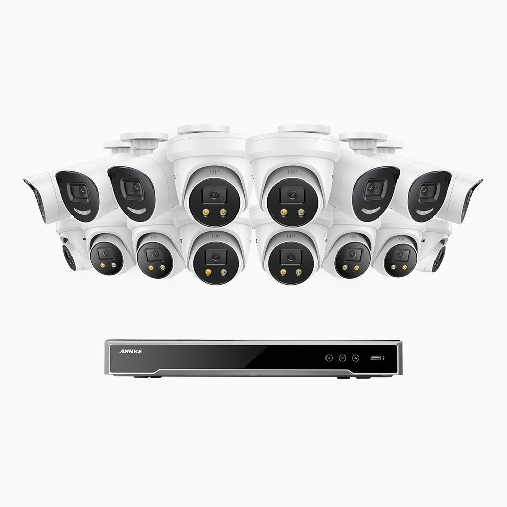 AH800 - 4K 16 Channel PoE Security System with 6 Bullet & 10 Turret Cameras, 1/1.8'' BSI Sensor, f/1.6 Aperture (0.003 Lux), Siren & Strobe Alarm, 2CH 4K Decoding Capability, Human & Vehicle Detection, Perimeter Protection