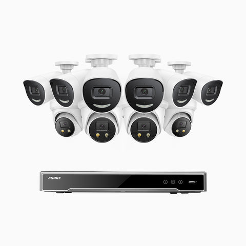 AH800 - 4K 16 Channel PoE Security System with 6 Bullet & 4 Turret Cameras, 1/1.8'' BSI Sensor, f/1.6 Aperture (0.003 Lux), Siren & Strobe Alarm, 2CH 4K Decoding Capability, Human & Vehicle Detection, Perimeter Protection
